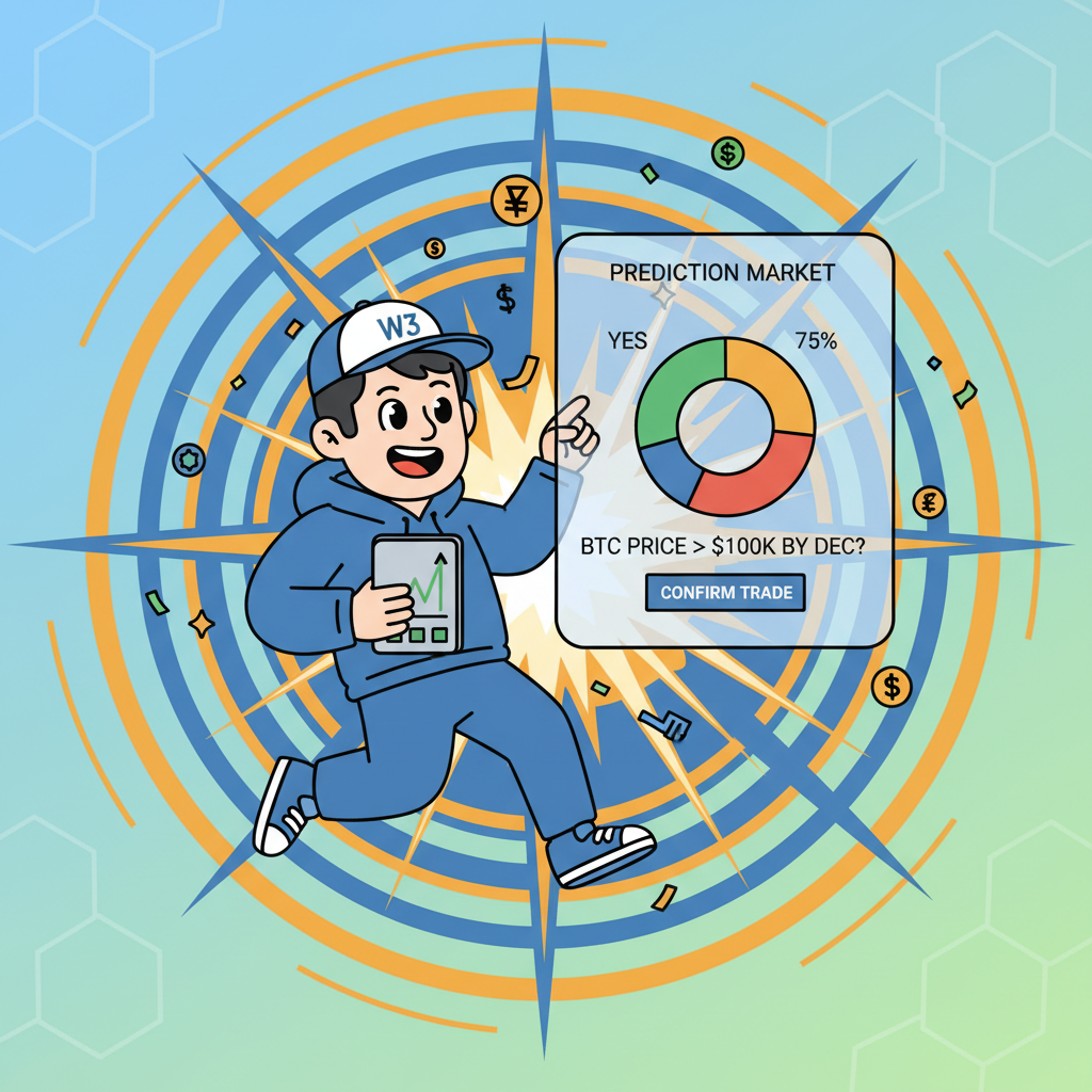 excited web3 trader executing prediction market trade, victory explosion background