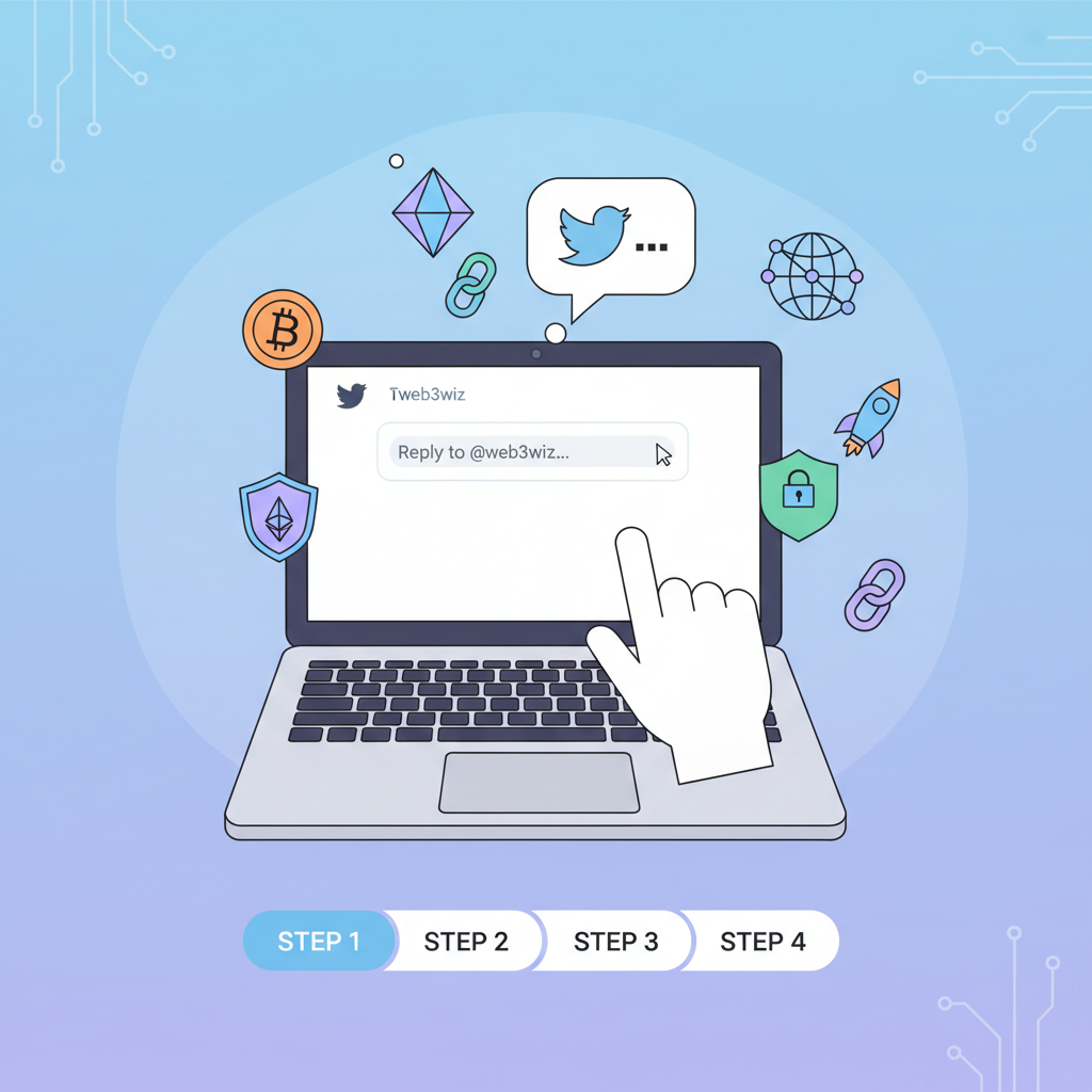 hand typing thoughtful twitter reply on laptop, web3 crypto icons floating