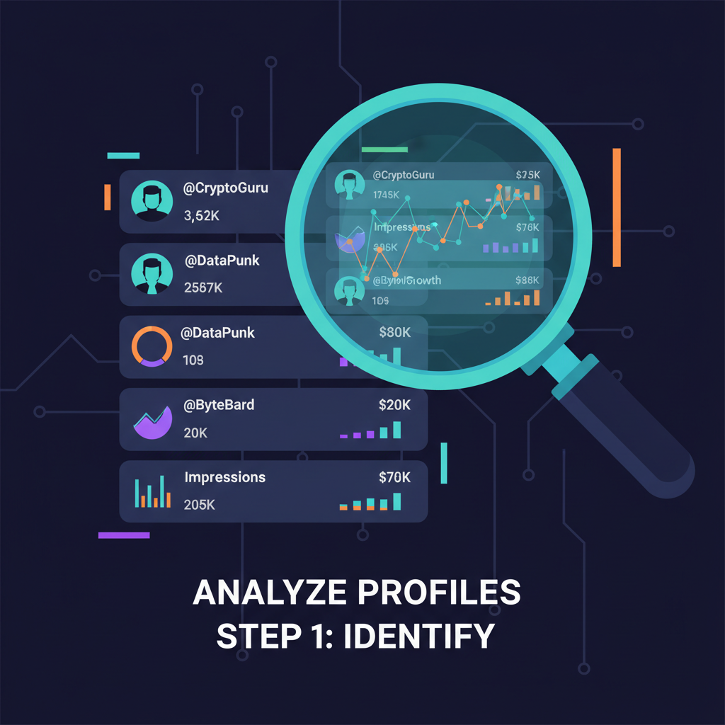 twitter profiles list with analytics charts under magnifying glass, cyberpunk style