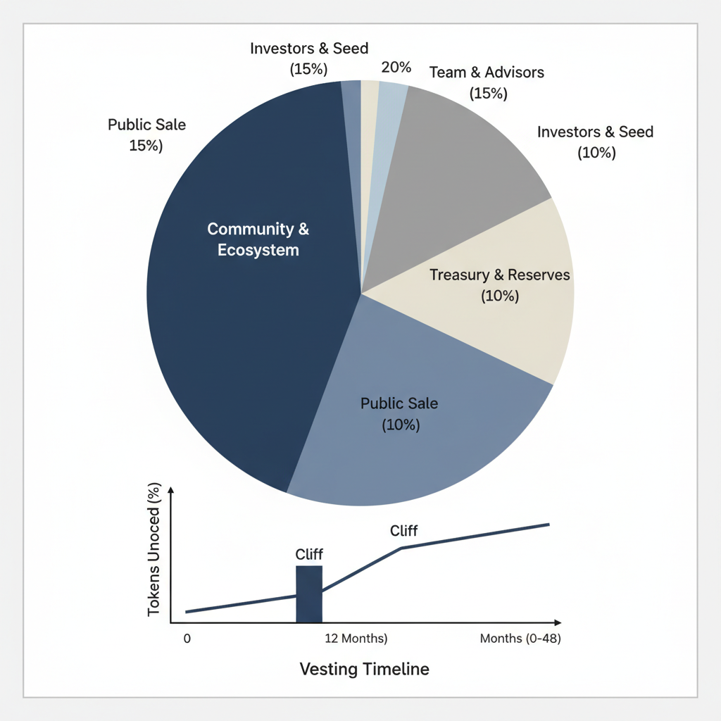elegant tokenomics pie chart with vesting timeline cliffs conservative design