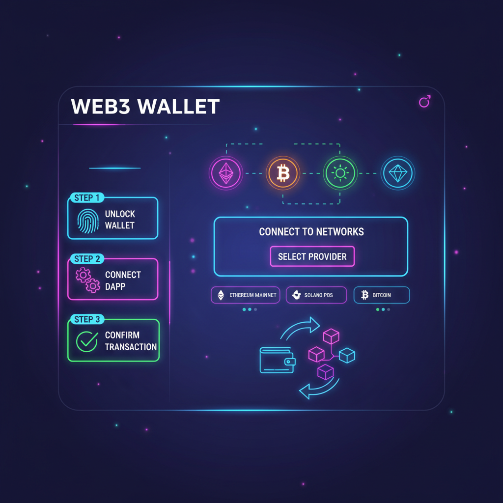 energetic web3 wallet interface connecting to blockchain networks, neon colors, futuristic