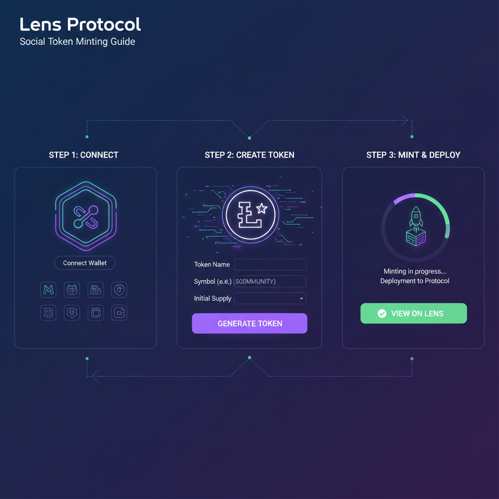 Lens Protocol interface minting social token, futuristic Web3 UI, glowing token creation