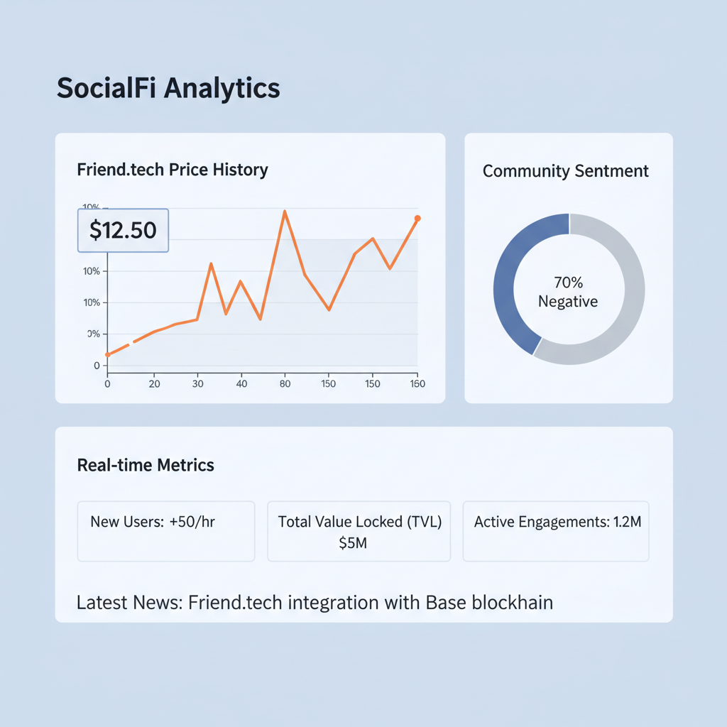 SocialFi analytics dashboard with graphs, Friend.tech price ticker, real-time metrics