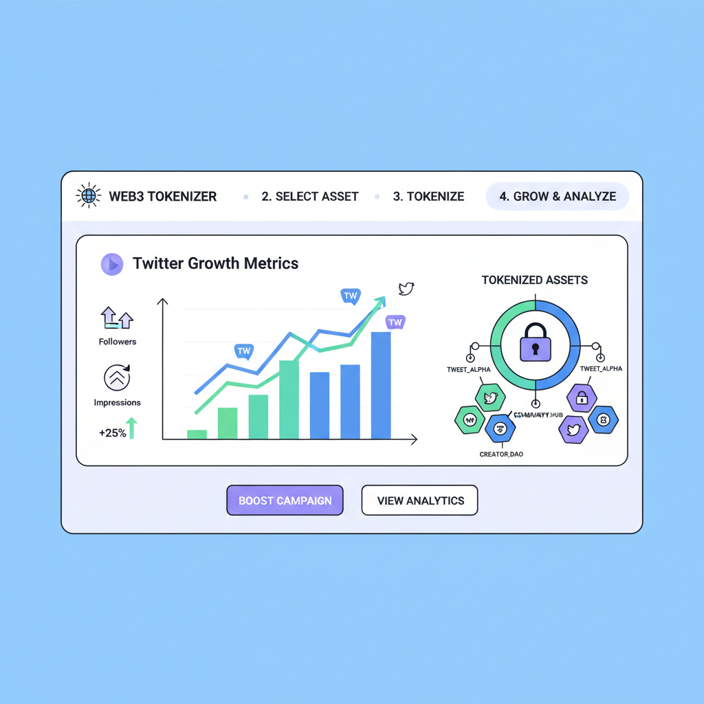 blockchain tokenization interface with twitter growth charts, decentralized web3 platform