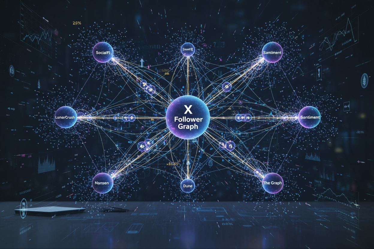 Dynamic X follower graph visualization highlighting viral growth patterns in SocialFi networks using Web3 tools LunarCrush, Santiment, Dune Analytics, Nansen, CyberConnect, The Graph