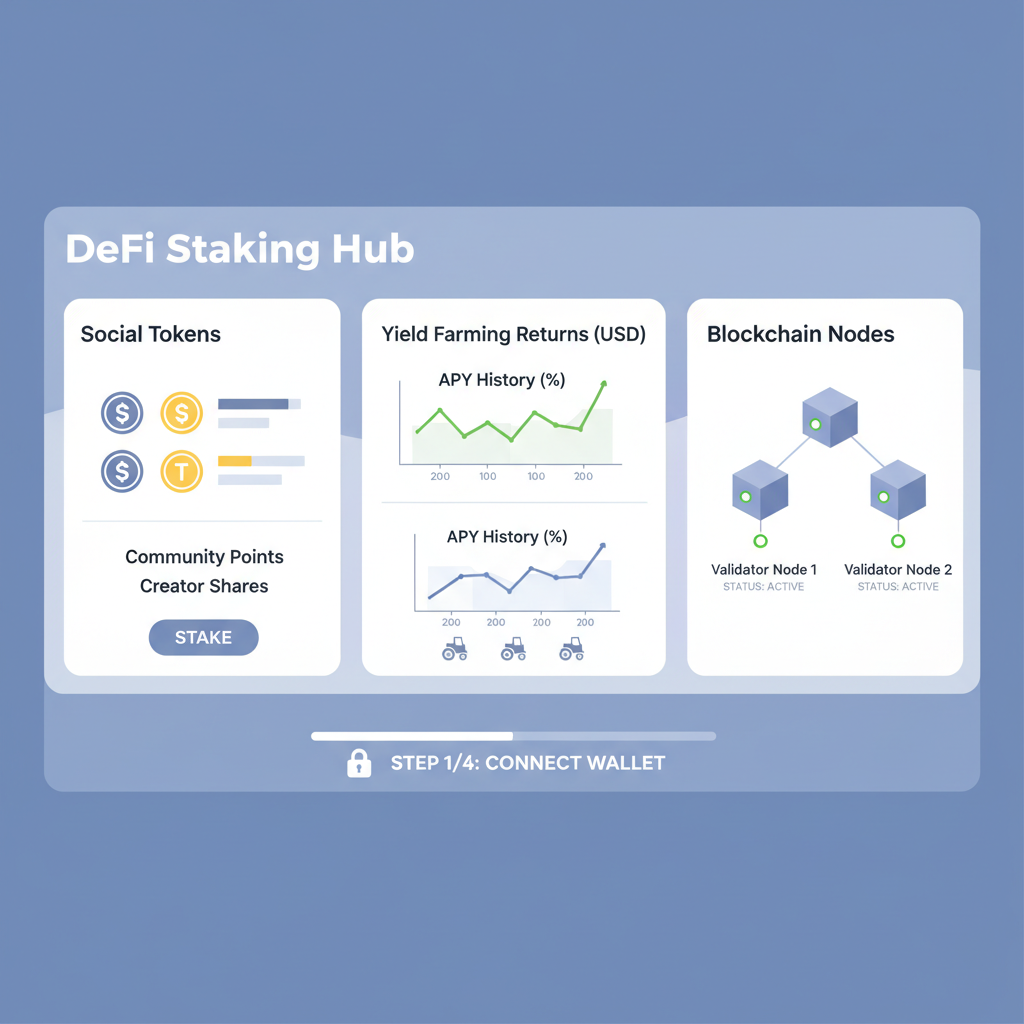 DeFi staking dashboard integrated with social tokens, yield farming charts, blockchain nodes