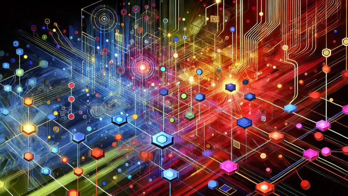 Abstract visualization of interconnected AI agents forming dynamic social graphs on a blockchain network in SocialFi, with glowing nodes, links, and crypto elements