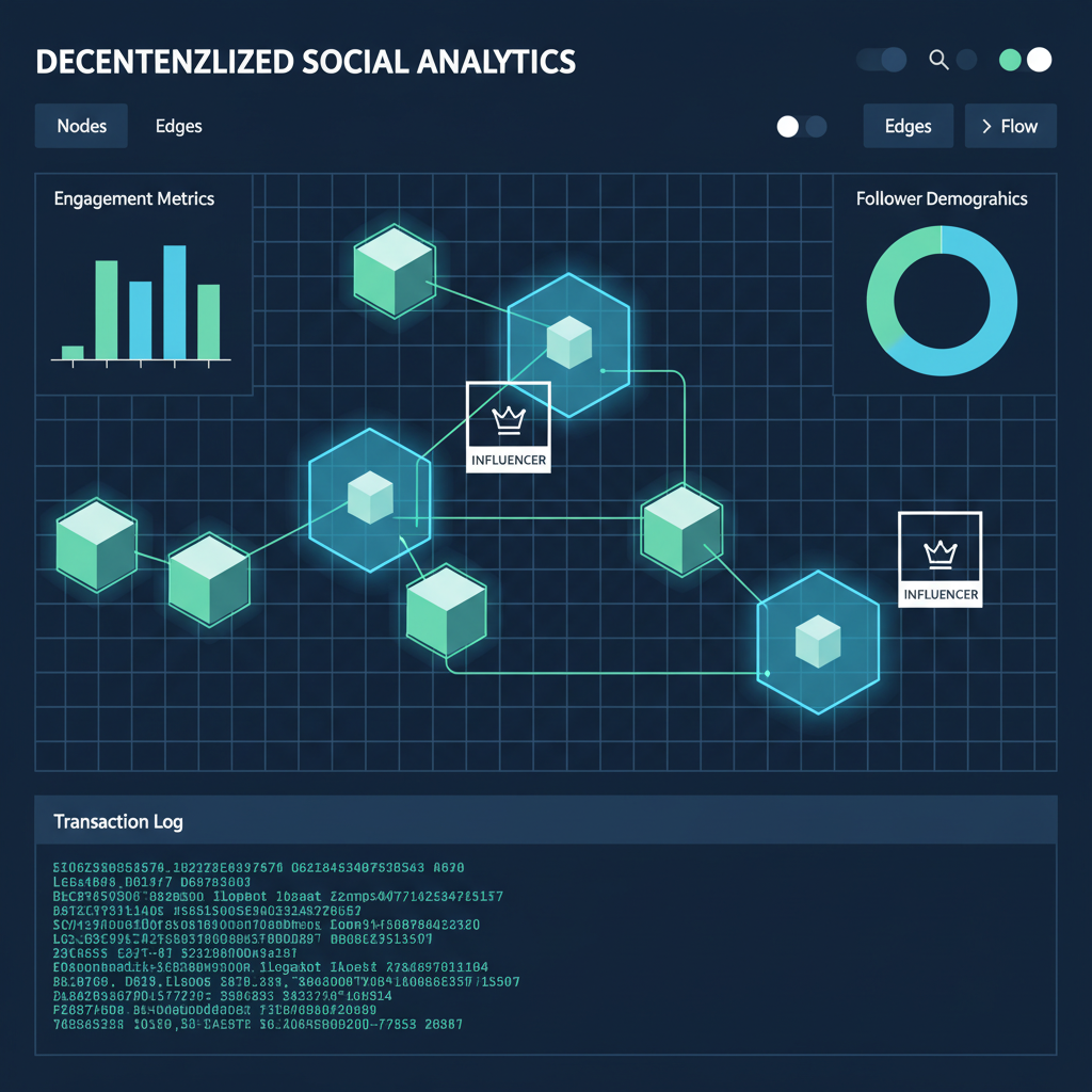 social network graph with highlighted influencer nodes, blockchain style, analytical dashboard view